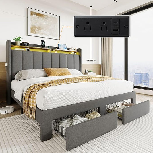SHA CERLIN Full Size Platform Bed Frame with Vertical Channel Tufted Wingback Headboard & 2 Storage Drawers/2-Tier Shelves with LED Lights & Charging Station/Noise-Free/No Box Spring Needed/Dark Grey