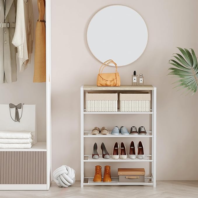 Yusong Shoe Rack Organizer, 5 Tier Industrial Shoe Storage Shelf, Narrow Sturdy Metal Shoe Shelves for Closet Entryway, White