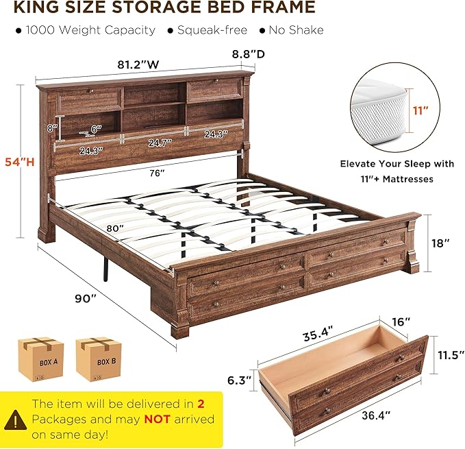 Farmhouse King Size Bed Frame with 54" Tall Headboard, Headboard with 4 Storage Rack, 2 Drawers, Wood Platform Bed Frame,18" Roman Column Decoration Footboard, No Box Spring Needed(Reclaimed Barnwood)