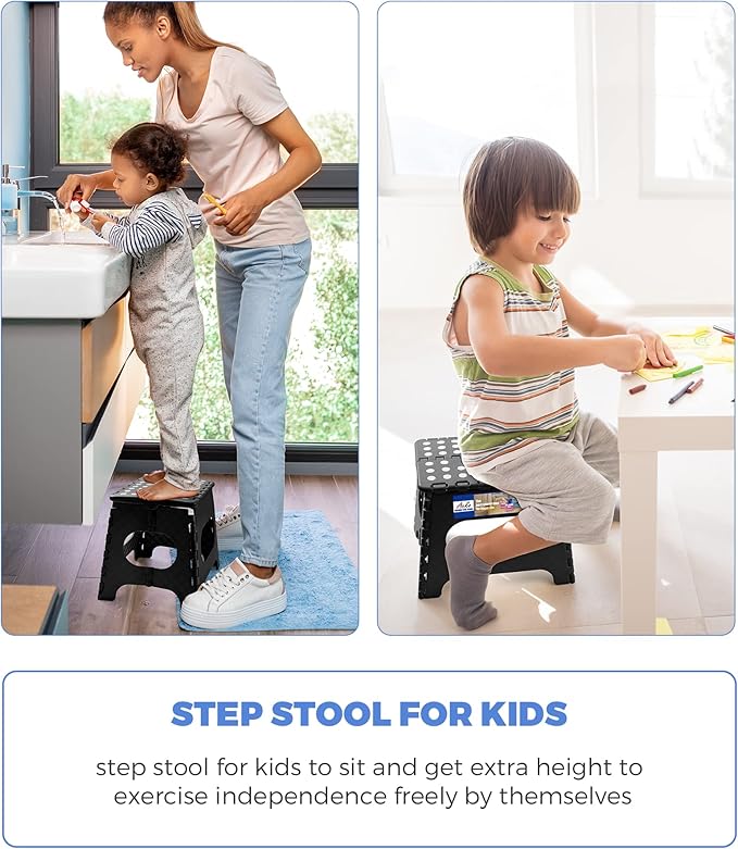 ACKO Folding Step Stool Foldable Step Stools for Kids, 11 Inch Foot Stool Black Plastic Step Stool with Portable Handle Small Stool Hold up to 300lbs for Bathroom, Kitchen 1PC