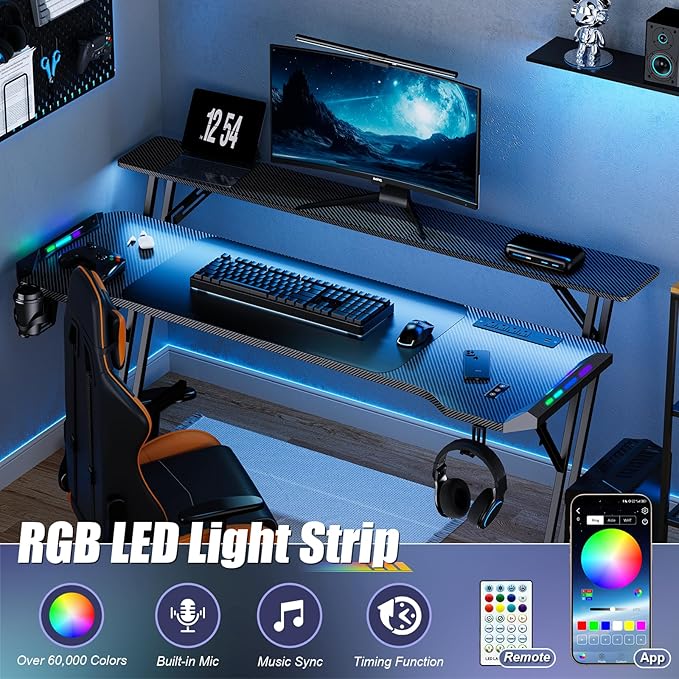 55 Inch Gaming Desk, Smart Computer Gamer Desk with LED Lights & Mouse Pad, Gaming Table with Power Outlet, Monitor Stand, Side Hook, Ergonomic Work Desks for Home Office, Carbon Fiber Black