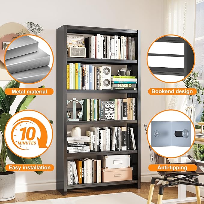 69.3" Tall Bookcase, Metal Bookshelf, Black 5-Tier Bookshelves and Bookcases, Heavy Duty Industrial Storage Shelves for Living Room, Office, Study, Home Library & Kitchen