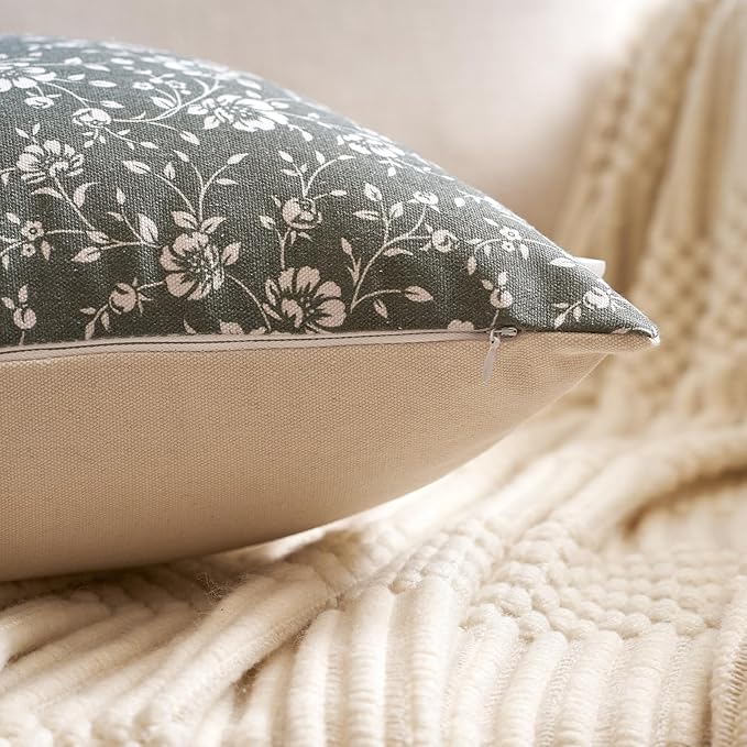 Alerfa Set of 2 Floral Lumbar Pillow Covers 12x20, Vintage Block Print Throw Pillow Covers Decorative Farmhouse Accent Couch Pillows for Living Room Bedroom, Dark Olive-Green