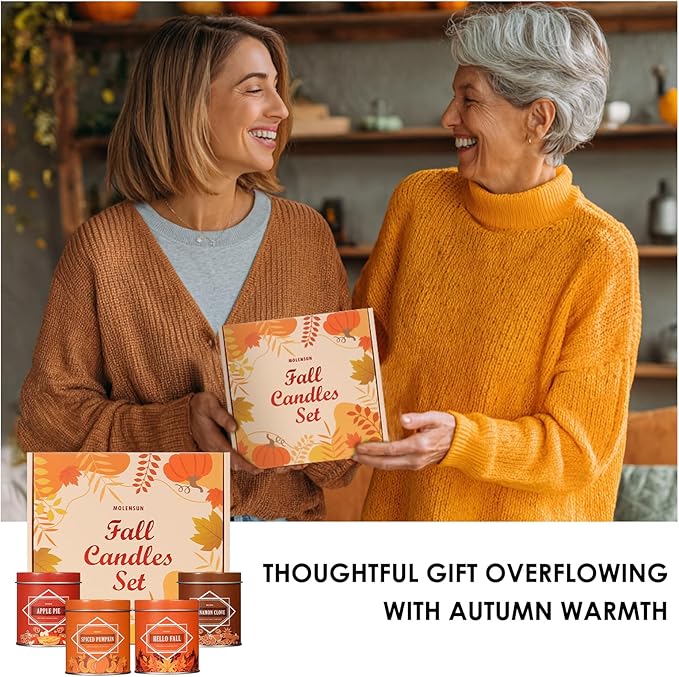 Fall Scented Candles Gift Set – 4 Pack of 9Oz Soy Candles, Autumn Fragrances (Pumpkin Spice, Apple Pie, Hello Fall, Cinnamon Clove), Holiday Gifts for Women & Men