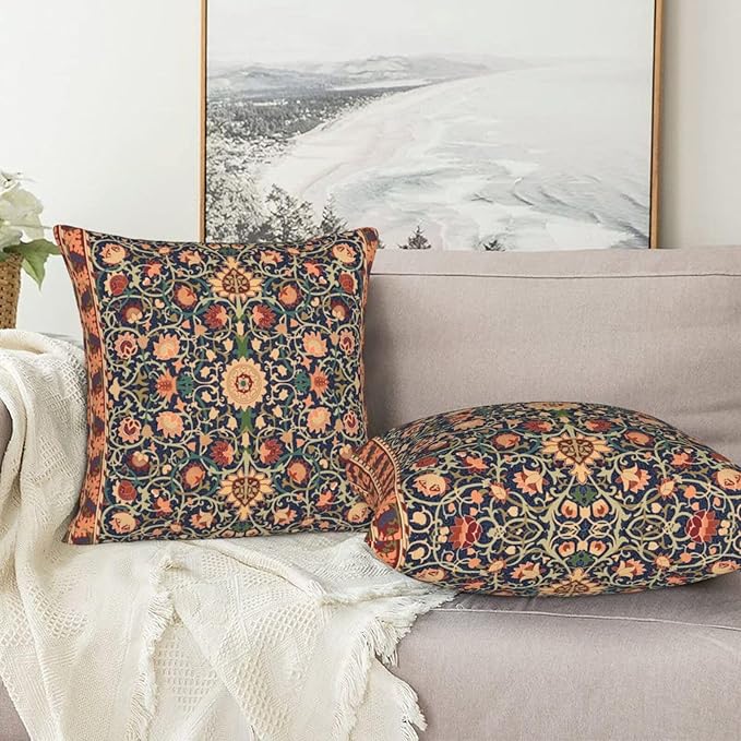 Boho Vintage Floral Throw Pillow Covers Set of 2 Burnt Orange Navy Flowers Plant Bohemian Pillowcases Cushion Case Square for Soft Home Decor Bed Couch Car Living Room 18x18 Inch