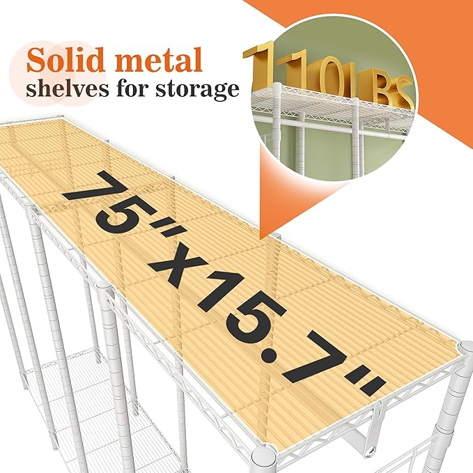 Raybee Clothes Rack Heavy Duty Clothing Racks for Hanging Clothes Loads 1100LBS, Garment Rack Freestanding for Bedroom, 75" H x 75" W x 15.7" D, White