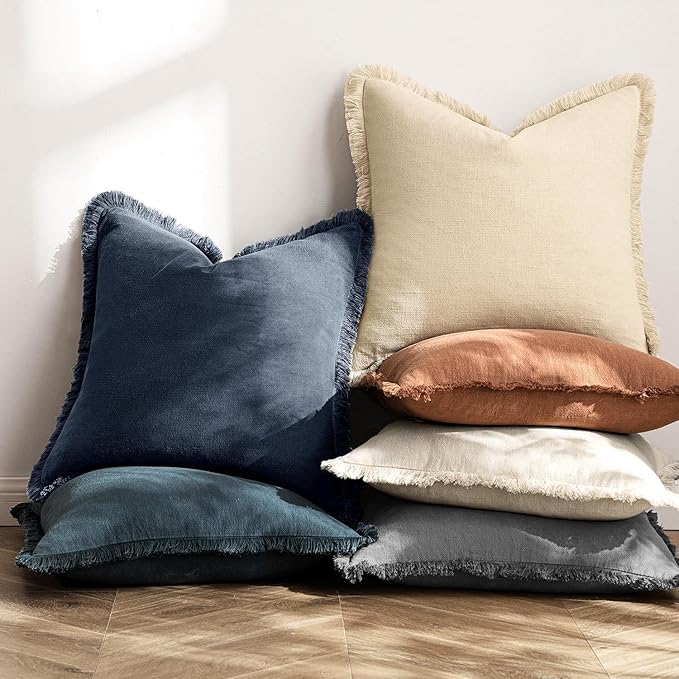 MIULEE Decorative Throw Pillow Covers Neutral Linen Fringe Throw Pillows Set of 2 Indigo Blue Boho Farmhouse Cushion Covers Coastal Decor for Couch Sofa Bed Living Room Spring Home Decor 20x20 Inch