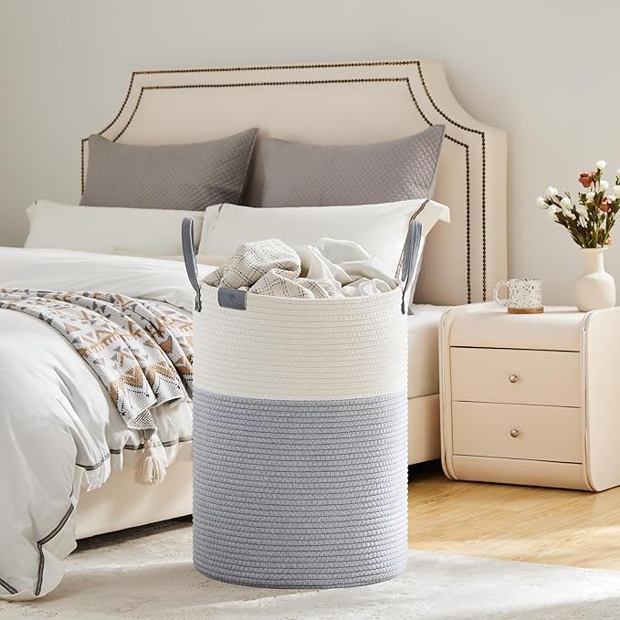 VIPOSCO Tall Laundry Basket, Large Dirty Clothes Hamper with Leather Handle, Woven Rope Storage Basket for Blanket, Toy In Living Room, Bathroom, Bedroom - 100L Grey & White