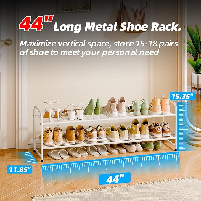 2 Tier Shoe Rack for Closet, 44 Inch Extra Long Shoe Storage Organizer for Shelves, Heavy Duty Metal, Easy Assembly, White