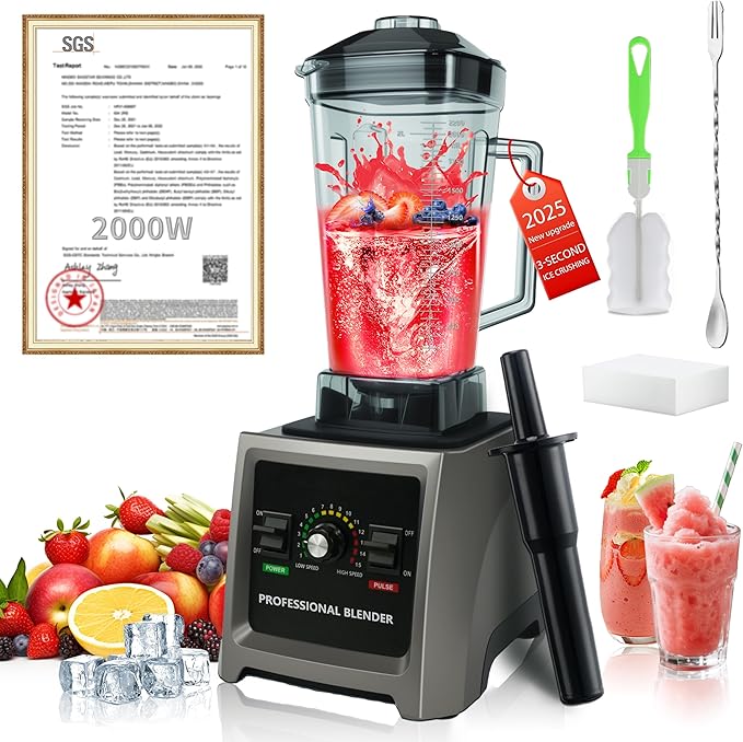 2025 Enhanced -Smoothie Blender【2000W German Nano-class Super Motor】【6 Military Grade Titanium Steel Blades】3-Second Quick Ice Crushing, Professional Blender for ice Smoothies and Milkshakes (Gray)