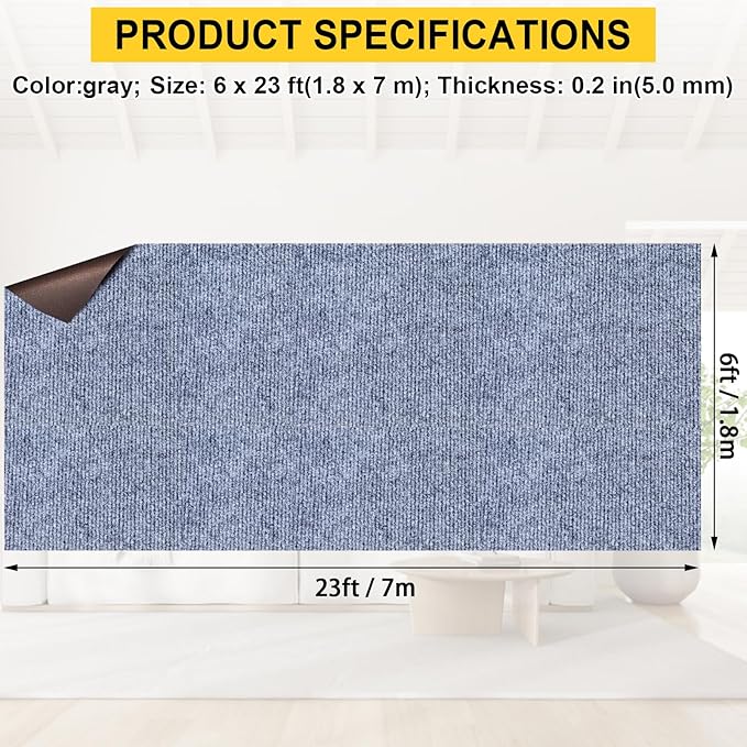 Marine Carpet,6 FT x 23 FT Blue-Gray Indoor Outdoor Carpet 0.2" Thick Boat Carpet with Water-Proof TPE Backing, Non-Slide Outdoor Marine Carpet Roll for Home, Patio, Porch, Deck