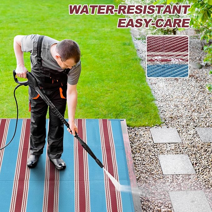 Lahome Striped Outdoor Rug 8x10 Patio Waterproof, Reversible Outdoor Plastic Straw Rug for Camping, RV Patio Rugs Outside Large Carpet for Porch Deck Backyard Picnic(Blue/Red,8'x 10')