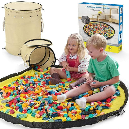 Toy Storage Basket with Slide and Large Play Mat for Boys and Girls Building Blocks Organizer, Foldable Fabric Storage Container Basket Bin Kids Toy Box with Rug for Boy Playroom Organization