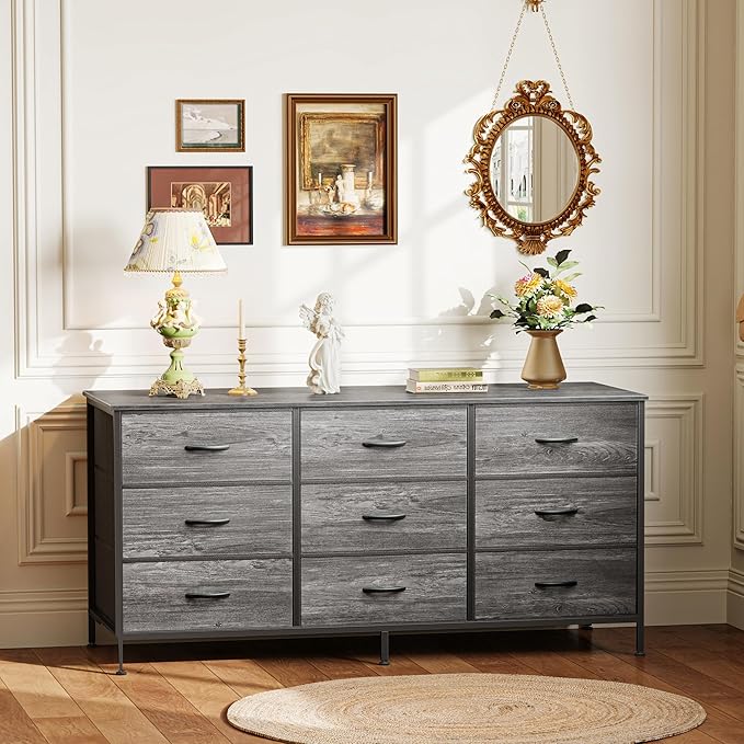Huuger 9 Drawer Dresser for Bedroom, 47 Inch Dresser TV Stand for 50, 55 Inch TV, Entertainment Center with Drawers, Fabric Drawer with Storage, Closet, Grey