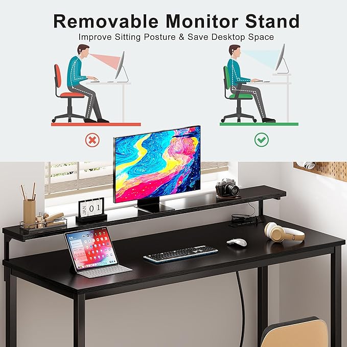 Need 60 inch Computer Desk with LED Lights & Power Outlets, Large Home Desk with Monitor Shelf, Writing Table Gaming Desk Home Office Desk, Black