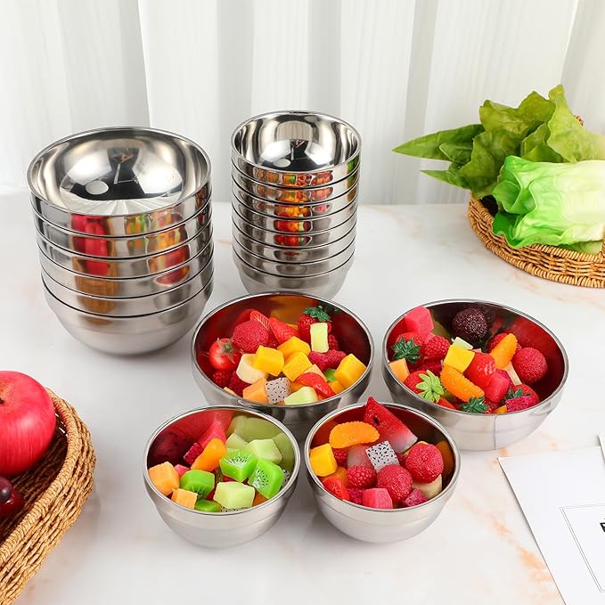20 Pack 304 Stainless Steel Bowls Set 13oz 20oz Metal Double Walled Insulated Snack Mixing Lightweight Multipurpose Toddler Dinner Bowls for Ice Cream, Cereal, Snack