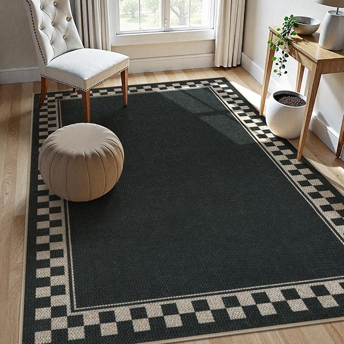 OJIA Easy Jute 5x7 Area Rugs, Washable Outdoor Patio Rug for Living Room Checkered Border Indoor Outdoor Rugs Farmhouse Non-Slip Black Carpet Geometric Rug for Backyard Entryway Dining Room