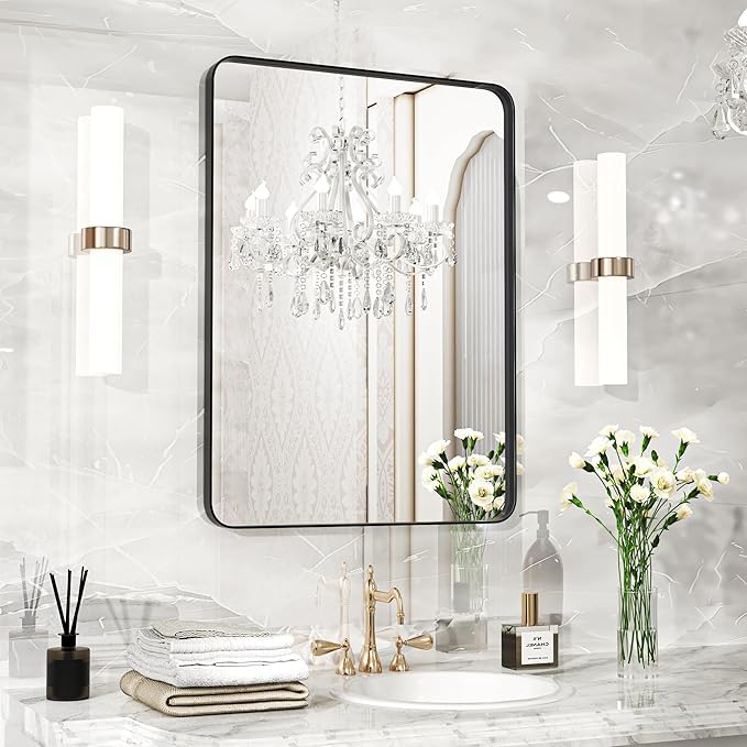 22×30 Black Bathroom Mirror, Rectangular Bathroom Vanity Mirror for Wall with Rounded Corners & Aluminum Alloy Frame, Tempered-Glass, Modern, Farmhouse, Horizontal/Vertical, Entryway, Bedroom