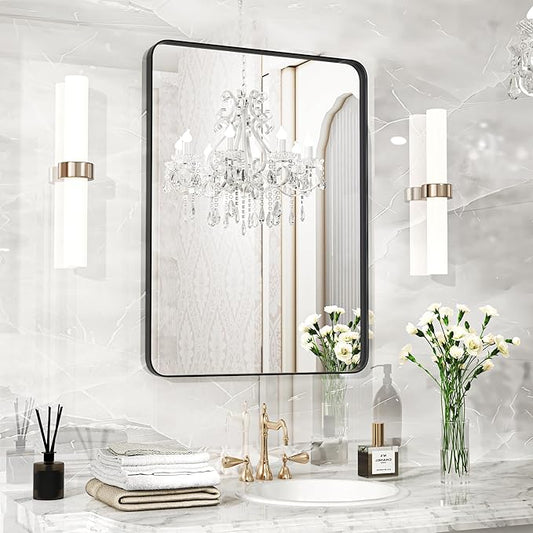 22×30 Black Bathroom Mirror, Rectangular Bathroom Vanity Mirror for Wall with Rounded Corners & Aluminum Alloy Frame, Tempered-Glass, Modern, Farmhouse, Horizontal/Vertical, Entryway, Bedroom