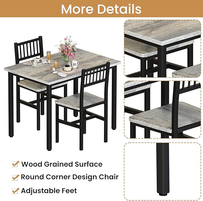 AWQM 3 Piece Dining Table Set for 2, Small Kitchen Table Set for 2 with Chairs,Wood Breakfast Nook Table and Chairs Set of 2,Dinette Set for Small Space,Dining Room,Apartment, Grey