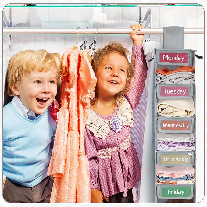 2 Pack 7 Shelf Weekly Clothes Organizer Hanging Closet for Kids with Side Pockets Weekday Shoes Rack Weekly Clothes Organizers Monday Through Weekend Foldable Storage Shelves(Gray)