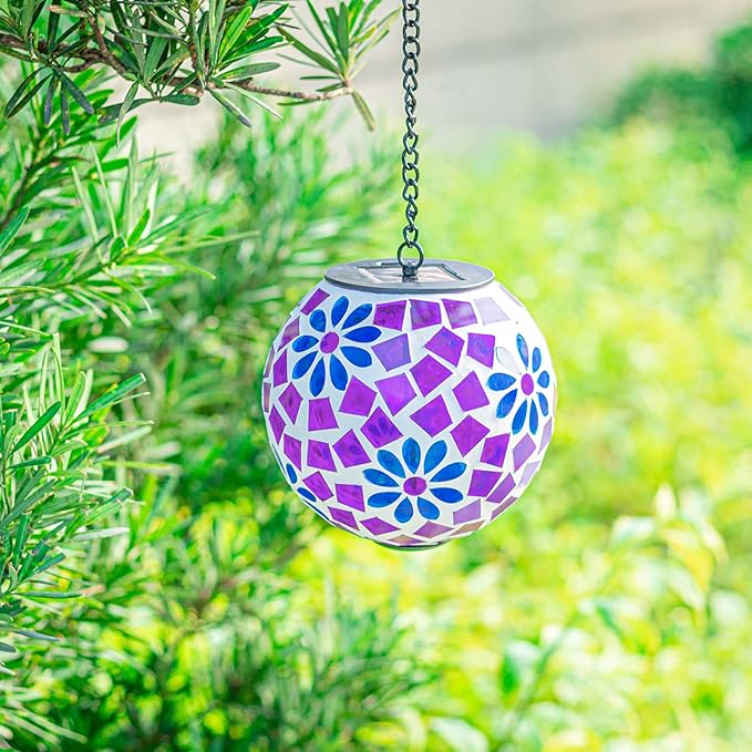 Solar Hanging Lantern Solar Outdoor Lanterns Mosaic Gazing Ball Outdoor Hanging Lights Outdoor Lights Waterproof Garden, Patio, Pathway & Yard Décor Purple