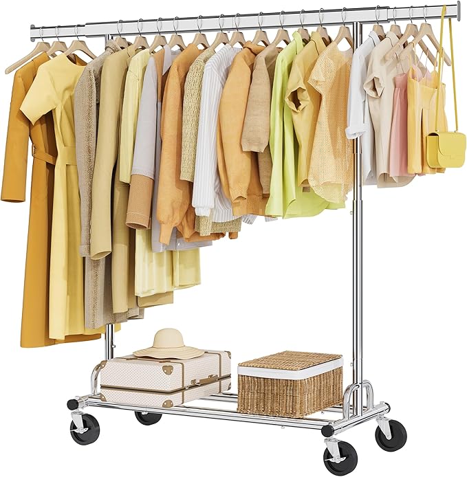 Tajsoon Clothing Rack Heavy Duty Clothes Rack Load 350 LBS, Rolling Clothes Racks for Hanging Clothes with Wheels & Extendable Rod, Collapsible Garment Rack with Bottom Shelf, Commercial, Chrome