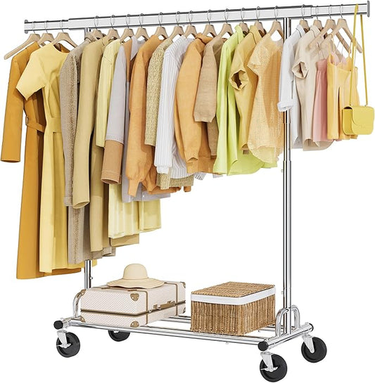 Tajsoon Clothing Rack Heavy Duty Clothes Rack Load 350 LBS, Rolling Clothes Racks for Hanging Clothes with Wheels & Extendable Rod, Collapsible Garment Rack with Bottom Shelf, Commercial, Chrome