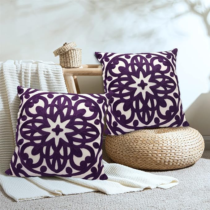 Alysheer Embroidered Decorative Throw Pillow Covers 18"x18" Set of 2 Pieces, Classic Boho Mandala Knit Pattern, Durable 100% Cotton Canvas Cushion Cases for Sofa Couch Living Room (Dark Purple)