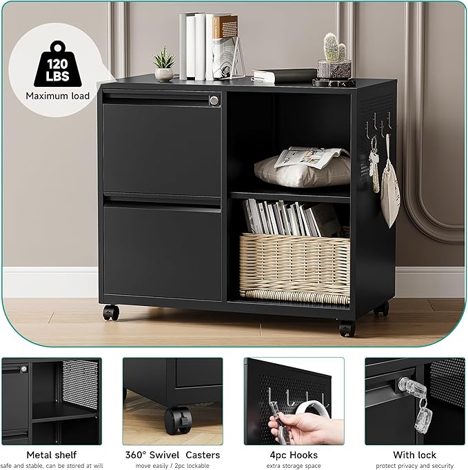 SISESOL 2 Drawer File Cabinet with Lock and Shelf,Mobile Lateral Filing Cabinet,Metal Filing Cabinets with Open Storage Shelves Organizer for Home Office Fit Legal/Letter A4 Size (Black)