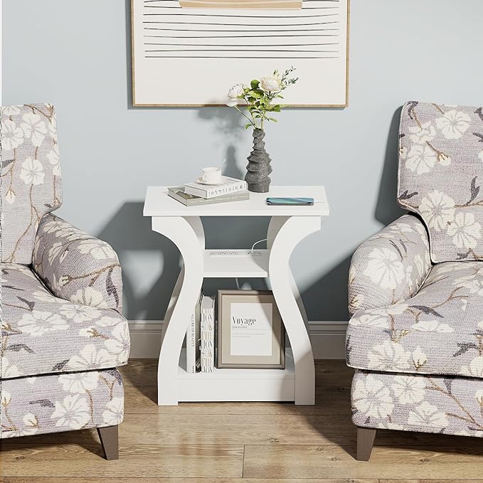 End Table with Charging Station, Side Table with USB Ports and Outlets, 3 Tier Nightstand Sofa Table for Small Spaces, Beside Table with Storage Shelf for Living Room, Bedroom