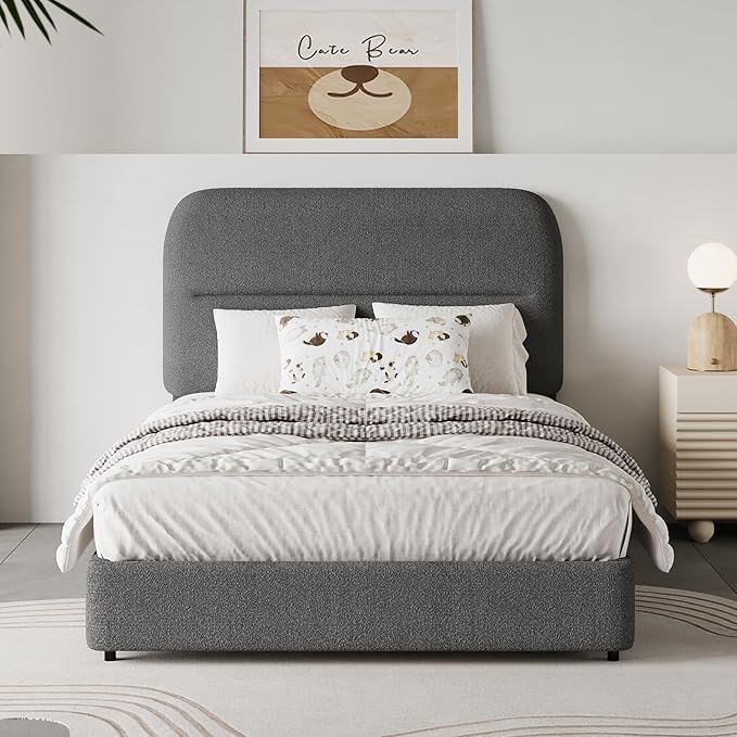 HOMBCK Twin Bed Frames, Upholstered Twin Bed Frame with Rounded Headboard, Soft Modern Twin Size Boucle Bed Frame with Thickened Footboard, Rounded Corners, No Box Spring Needed, Easy Assembly, Grey