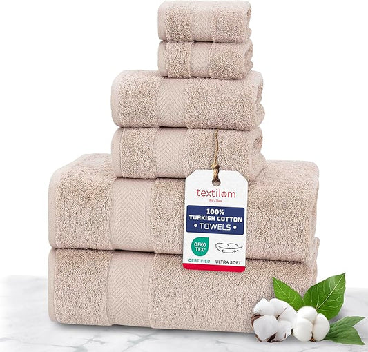 TEXTILOM 100% Turkish Cotton 6 Pcs Bath Towel Set, Luxury Bath Towels for Bathroom, Soft & Absorbent Bathroom Towels Set (2 Bathtowels, 2 Hand Towels, 2 Washcloths)- Beige
