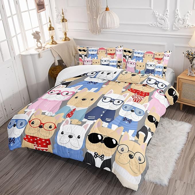 Dog Comforter Bedding Set for Kids - Puppy Pug Cute Pattern Cartoon Career Pet Bedding With 1 Comforter and 2 Pillowcases (Full)
