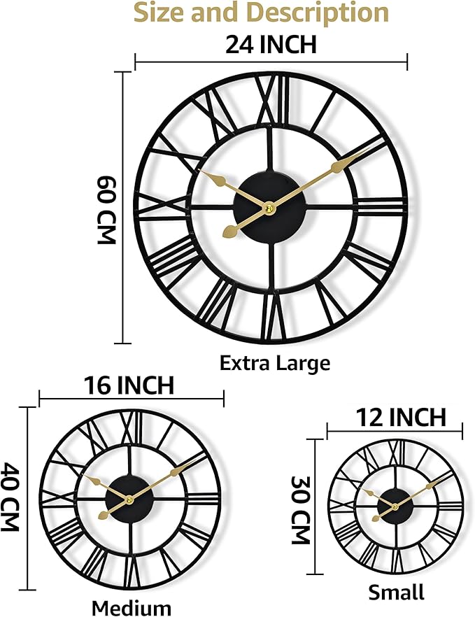Sorbus Large Wall Clock for Living Room Decor – Easy to Hang 12-Inch Big Wall Clock – Metal Wall Art for Kitchen, Bedroom, Home, Office – Analog Decorative Wall Clock (Black)