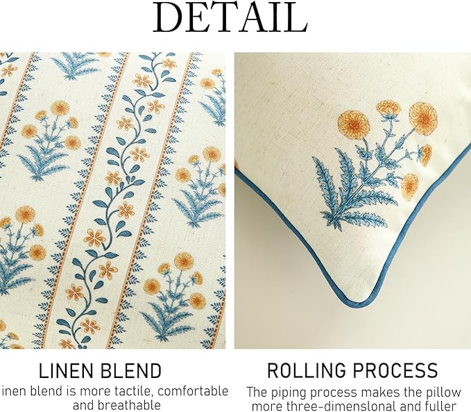 Design Square Simple Elegant Linen Throw Pillow Covers 18"x18" Pack of 2, Blue Yellow Floral Pattern Cushion Covers Decor Pillowcases for Bed,Living Room,Outdoor,Car