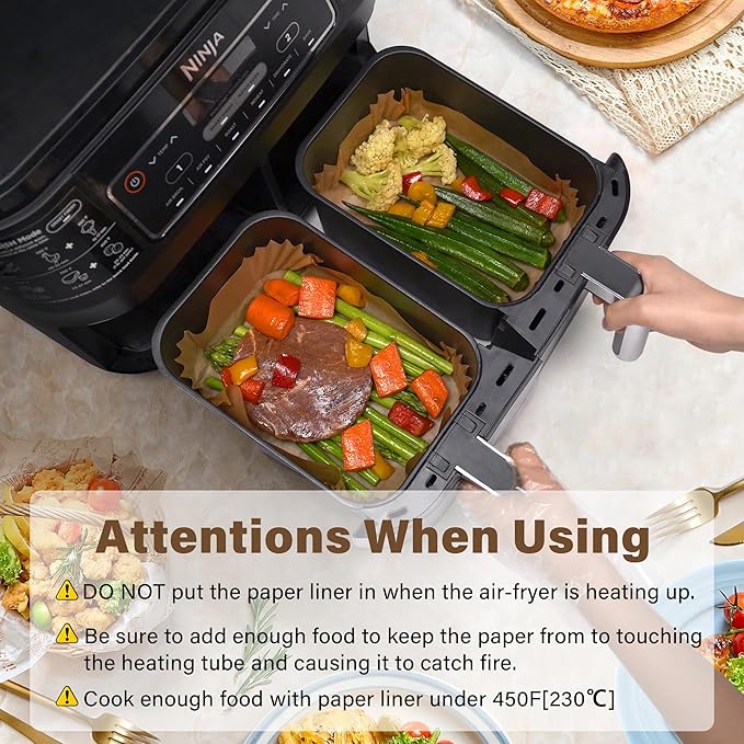 Air Fryer Paper Liners,125PCS Air Fryer Liners Disposable Rectangular for Ninja Air Fryer 2 Basket, 8.6x5.5 Inch Dual Airfryer Liner, Natural Parchment Paper Liner for Ninja DZ201, DZ401, FG551