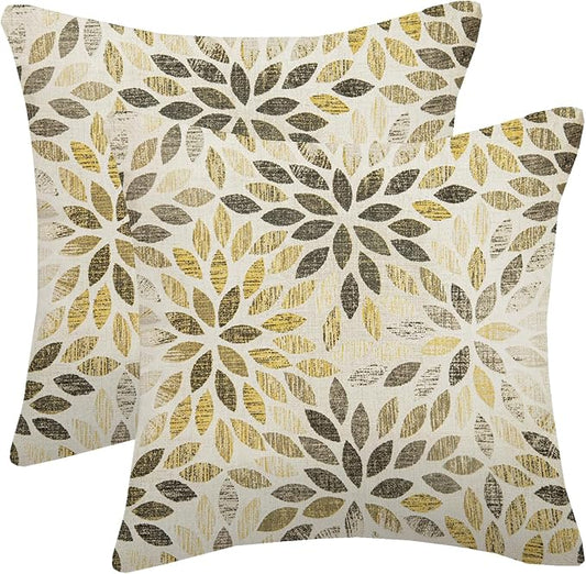 Grey Yellow Black Pillow Covers 18x18 Inch Set of 2 Summer Rust Geometric Flower Outdoor Decorative Throw Pillows Farmhouse Yellow Dahlia Pillow Case Linen Square Cushion Cover for Home Sofa Bedroom