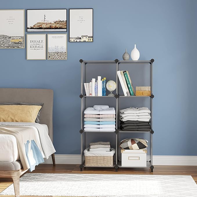 AWTATOS Cube Storage Organizer, Storage Cubes Shelves Bookshelf, 6 Cube Closet Organizers and Storage, DIY Stackable Plastic Clothes Organizer Shelving for Bedroom, Home, Grey