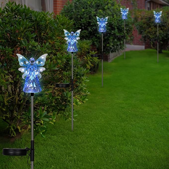 Exhart Garden Solar Lights, Decorative Angel Garden Stake, 12 LEDs, Cute Yard and Pathway Decor, Blue, 4 x 34 Inch