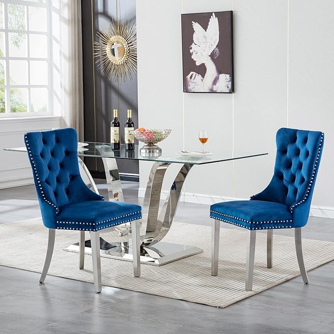 70" Modern Silver Glass Dining Table Set for 6, 7-Piece Rectangle Kitchen Dining Room Table Set with Steel Base & 6 Blue Velvet Upholstered Chairs, Modern Glass Kitchen Table and Chairs Set of 6