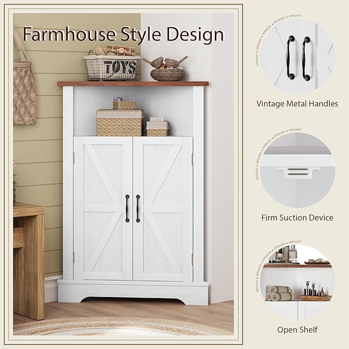 Smuxee Bathroom Corner Storage Cabinet, Farmhouse Floor Corner Cabinet with Barn Door and Adjustable Shelf, White Narrow Cabinet Organizer for Bathroom, Living Room, Kitchen