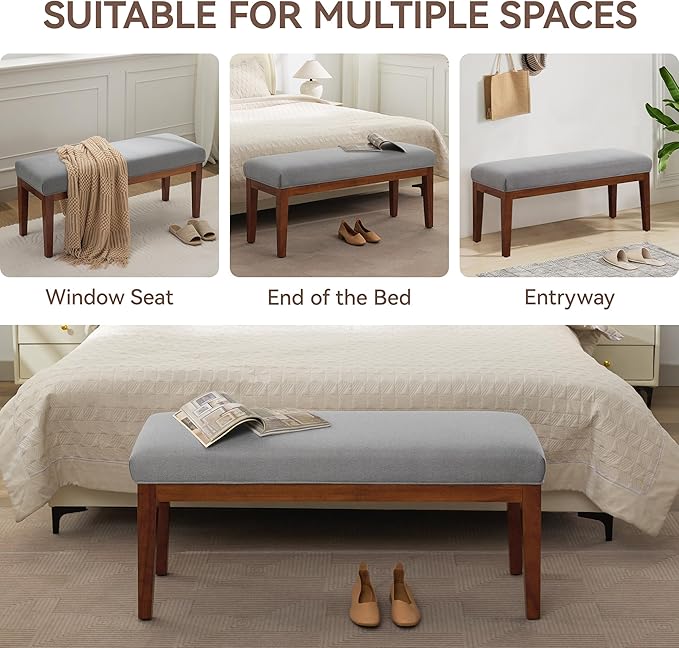 43.5'' Linen Bedroom Bench, Upholstered End of Bed Bench, Padded Vintage Dining Bench, Entryway Bench with Solid Wood Legs, Kitchen, Living Room, Hallway, Light Grey