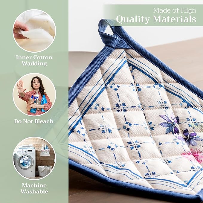 Maison d' Hermine Pot Holders Set 100% Cotton Heat Resistant Potholders 8" x 8" Hot Pads with Loop BBQ, Cooking, Baking, Grilling, Kitchen, Handling Hot Pans Spring/Summer (Pack of 2, Faience)