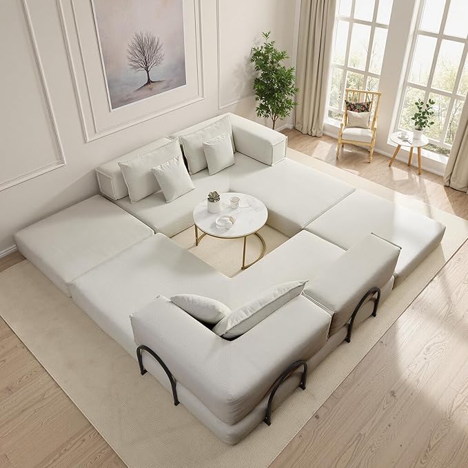 Rovibek 118" 5-in-1 Memory Foam Boneless Sectional Couch, Modular Convertible Sleeper Sofa Bed, Full Size No Assembly Required DIY Combination, Oversized Lazy Sofa with Fixed Frame Beige