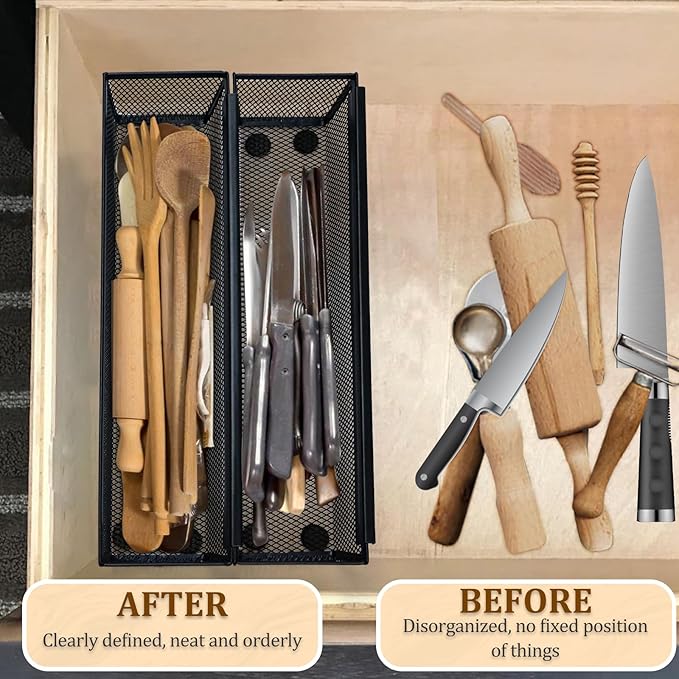 2PCS Drawer Organizer, Mesh Drawer Organizer with Interlocking Arm for Utensil, Cosmetic, Flatware, Pen (12 * 3 * 2 Inches, Black)