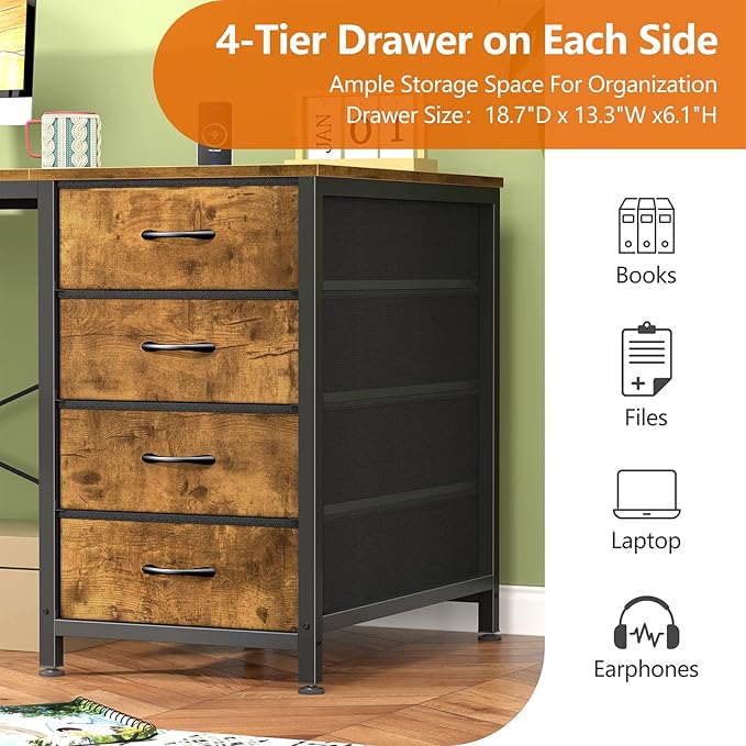 60 Inch Computer Desk with 8 Drawers, Home Office Desk with Power Outlets, Work Study Gaming Desk with 8 Fabric Drawers, Rustic Brown