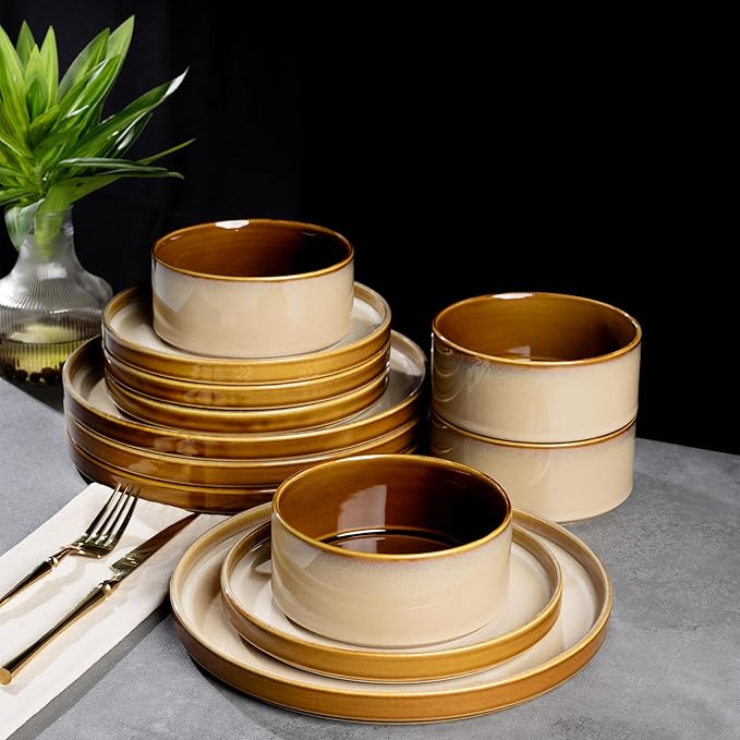LERATIO Ceramic Dinnerware Sets for 4,Round Reactive Glaze Ceramic Plates and Bowls Set,Highly Chip and Crack Resistant | Dishwasher & Microwave Safe Dishes Set,Service for 4 (12pc)-Kahki