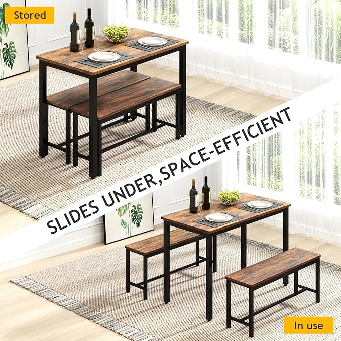 Rovibek 43" Dining Table Set for 4, Modern Space Saving Kitchen Breakfast Table with Benches & Adjustable Feet, Wooden Industrial Style Farmhouse, Brown