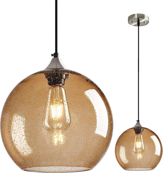 Light Brown Glass Pendant Lights Kitchen Island Globe Pendant Light Fixtures Modern Pendant Lighting for Bedroom Living Dining Room Light Fixture (9.84 in, 1 Pack)